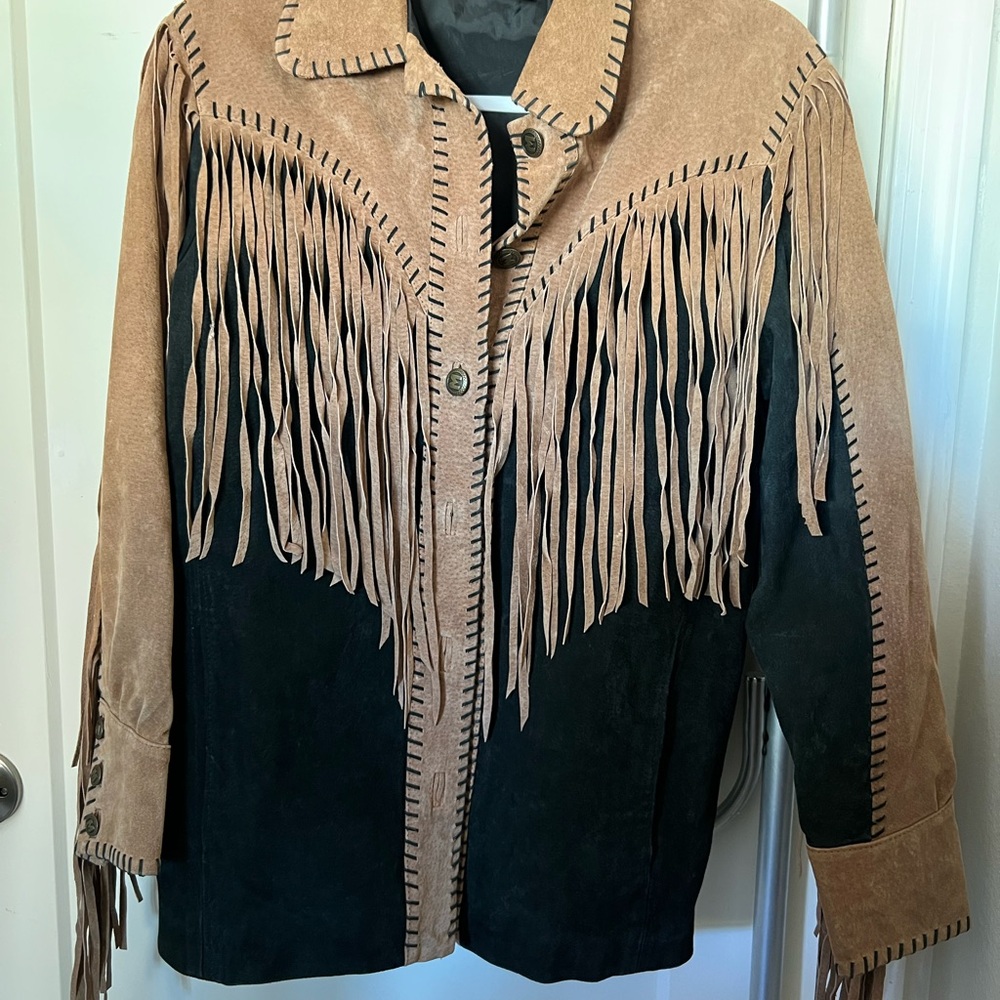 Bob Mackie Tan and Black Leather Jacket with Fringe - Picture 4 of 5